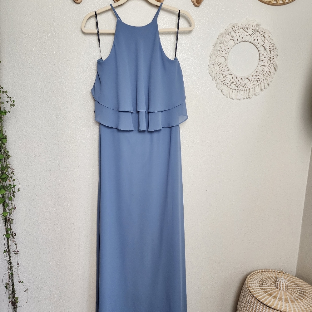 Bill Levkoff Halter Ruffle Chiffon Maxi Dress In Blue Women's Size 8 NWOT